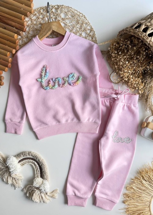 Kız Çocuk Love Yazılı  3 boyutlu Eşofman Takım-Pembe
