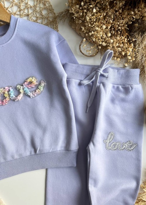 Kız Çocuk Love Yazılı  3 boyutlu Eşofman Takım-Mor