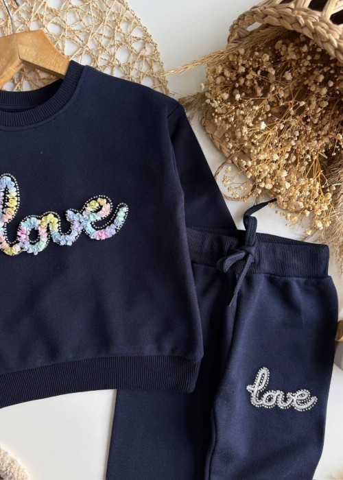 Kız Çocuk Love Yazılı  3 boyutlu Eşofman Takım-Lacivert