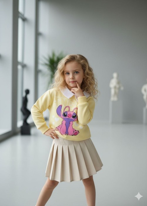 Kız Çocuk Stitch Baskılı Pileli  Etekli Takım-Sarı