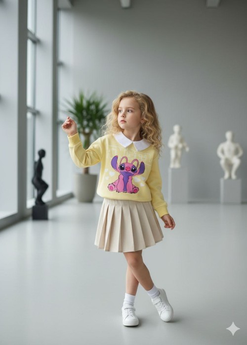 Kız Çocuk Stitch Baskılı Pileli  Etekli Takım-Sarı