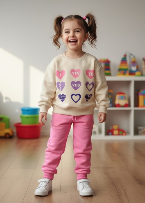 Kız Çocuk 2 İplik Kalp Baskılı Mevsimlik Eşofman Takımı-Pembe