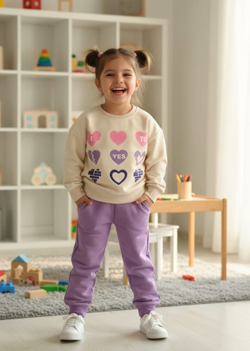 Kız Çocuk 2 İplik Kalp Baskılı Mevsimlik Eşofman Takımı-Lila