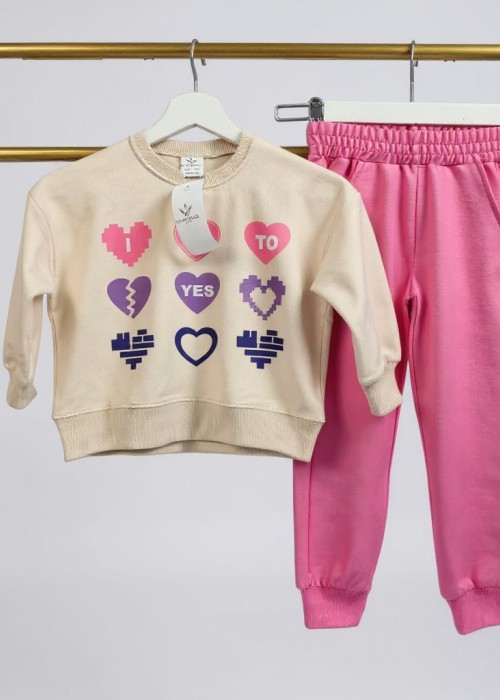 Kız Çocuk 2 İplik Kalp Baskılı Mevsimlik Eşofman Takımı-Pembe