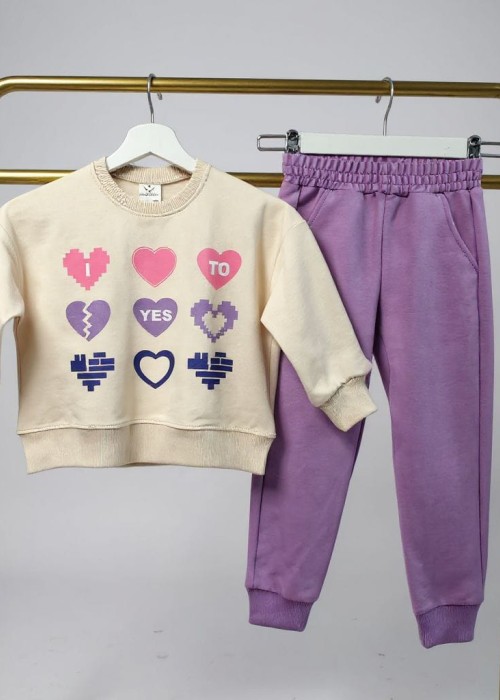 Kız Çocuk 2 İplik Kalp Baskılı Mevsimlik Eşofman Takımı-Lila