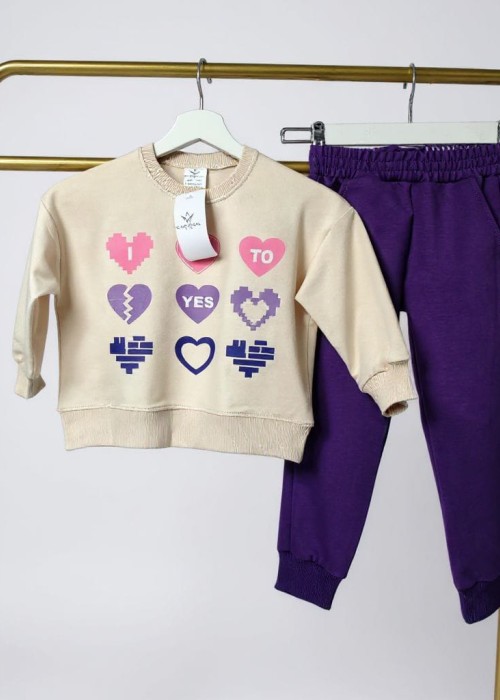 Kız Çocuk 2 İplik Kalp Baskılı Mevsimlik Eşofman Takımı-Mor