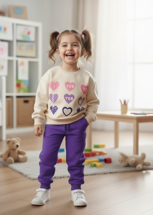Kız Çocuk 2 İplik Kalp Baskılı Mevsimlik Eşofman Takımı-Mor
