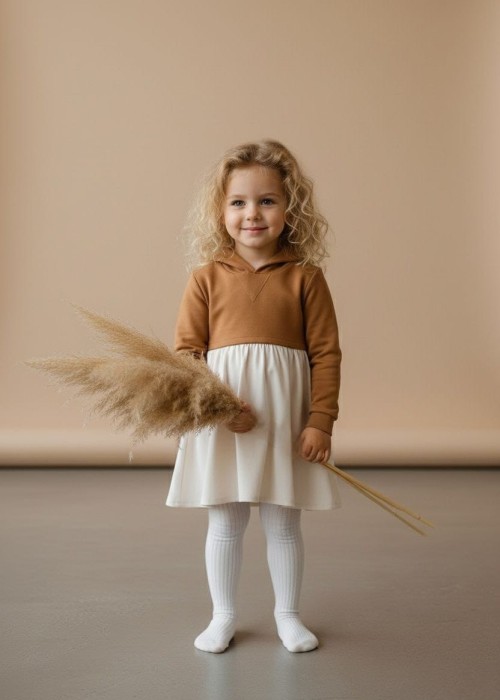 Kız Çocuk Penye 2 renkli  Pamuklu Elbise- Kahverengi 