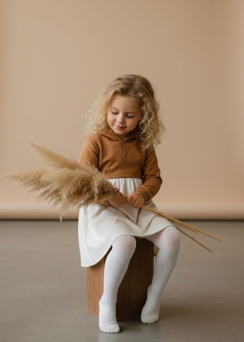 Kız Çocuk Penye 2 renkli  Pamuklu Elbise- Kahverengi 