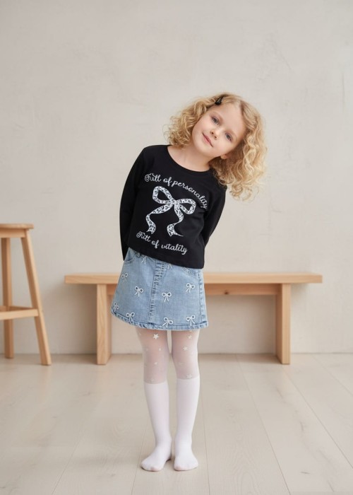 Kız Çocuk Fiyonk Nakışlı Kot Etek Bluz Takım