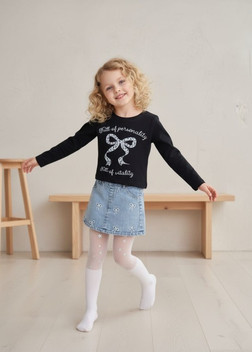 Kız Çocuk Fiyonk Nakışlı Kot Etek Bluz Takım