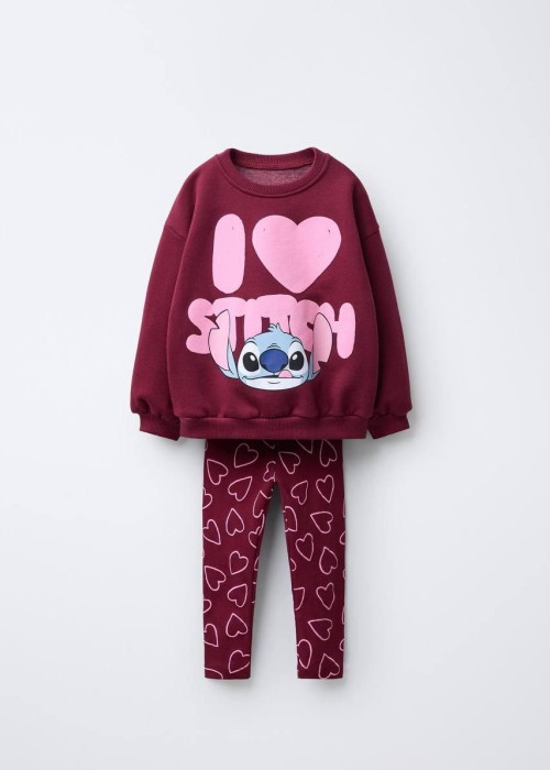 Kız Çocuk Kalp Baskılı Bordo Stitch Taytlı Takım
