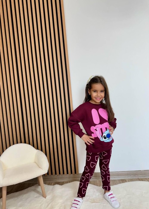 Kız Çocuk Kalp Baskılı Bordo Stitch Taytlı Takım