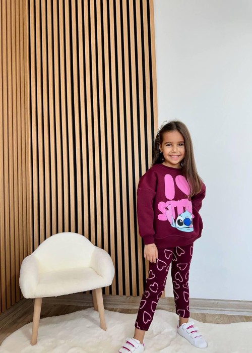 Kız Çocuk Kalp Baskılı Bordo Stitch Taytlı Takım