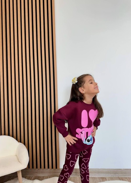 Kız Çocuk Kalp Baskılı Bordo Stitch Taytlı Takım