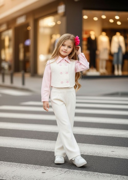 Kız Çocuk Pantolon Yelek Bluz Takım-Beyaz