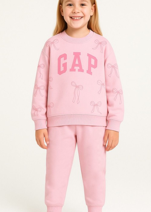 Kız Çocuk 3 İplik Fiyonk Baskılı Gap Eşofman Takım-Pembe