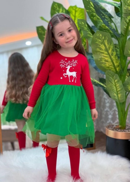 Kız Çocuk Yeşil Tüllü Kırmızı Penye Elbise