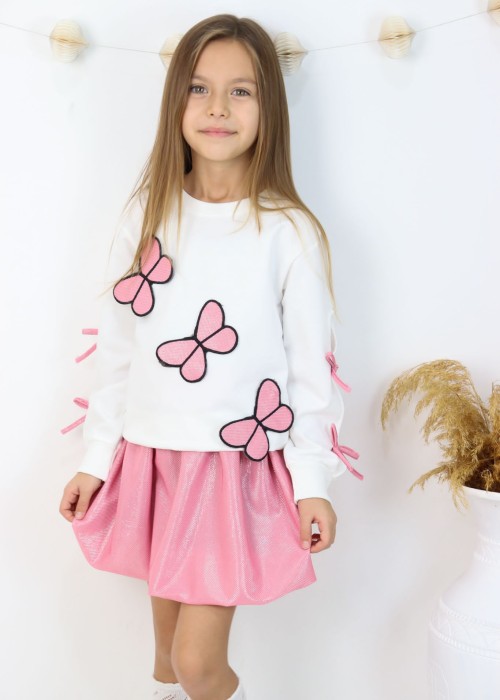 Kız Çocuk Kelebek Aplikeli Balon Etekli Takım-Pembe