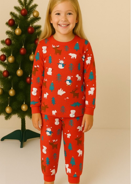 Unisex Yılbaşı Penye Pijama Takım- Kırmızı