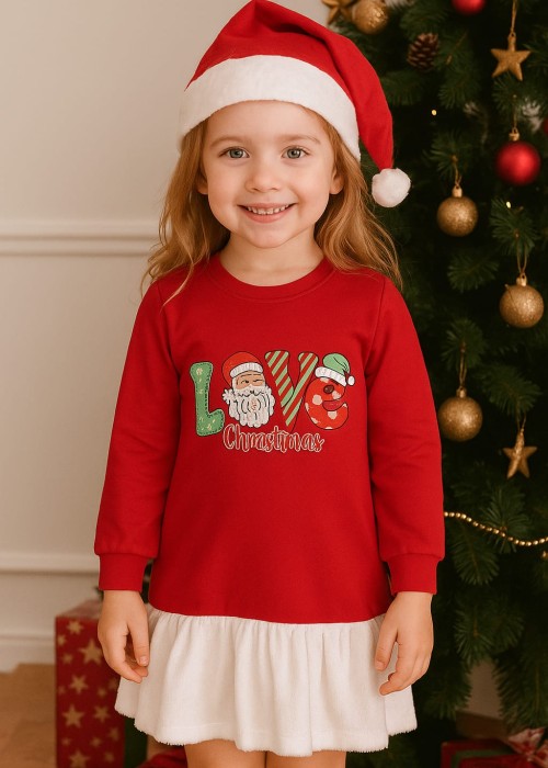 Kız Çocuk Şardonlu Peluş detaylı Love Yılbaşı Elbise-Kırmızı 