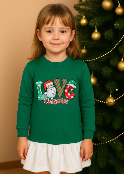 Kız Çocuk Şardonlu Peluş detaylı Love Yılbaşı Elbise-Yeşil