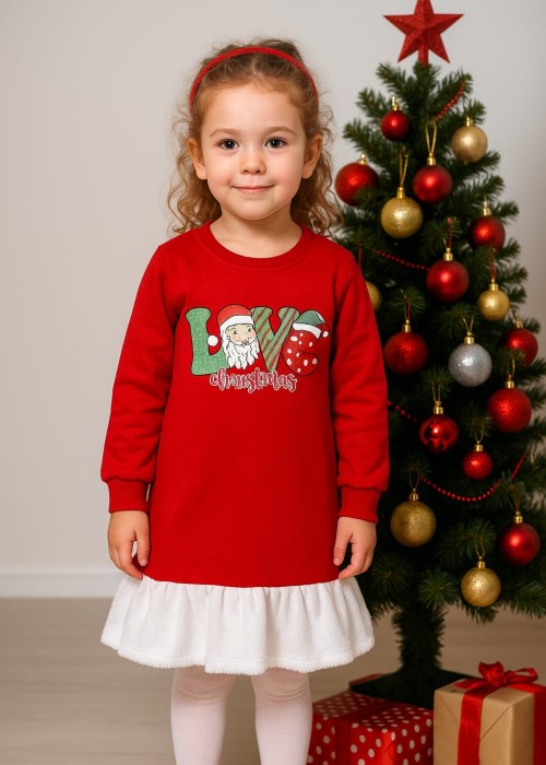 Kız Çocuk Şardonlu Peluş detaylı Love Yılbaşı Elbise-Kırmızı 