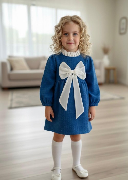 Kız Çocuk Fiyonklu Dokuma Elbise-Mavi