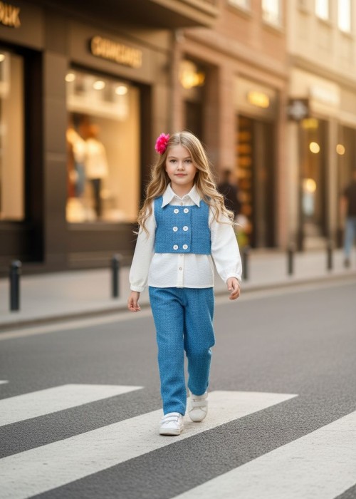 Kız Çocuk Pantolon Yelek Bluz Takım-Mavi