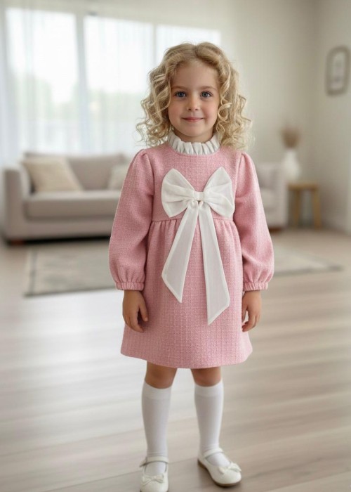 Kız Çocuk Fiyonklu Dokuma Elbise-Pembe