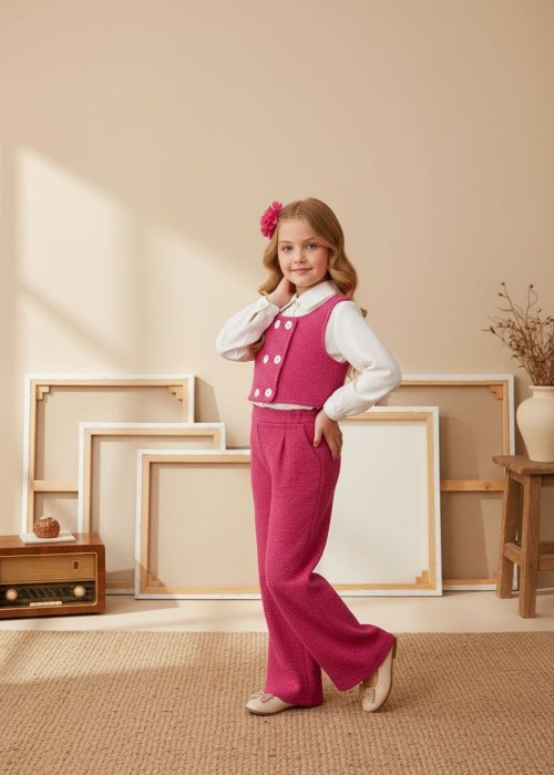 Kız Çocuk Pantolon Yelek Bluz Takım-Pembe