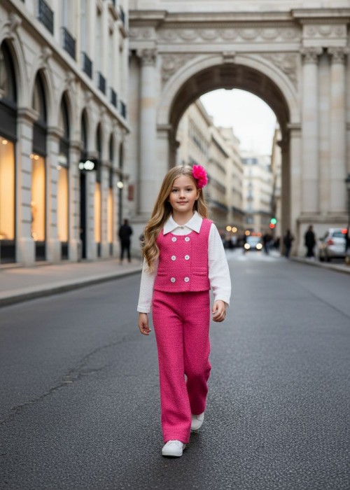 Kız Çocuk Pantolon Yelek Bluz Takım-Pembe