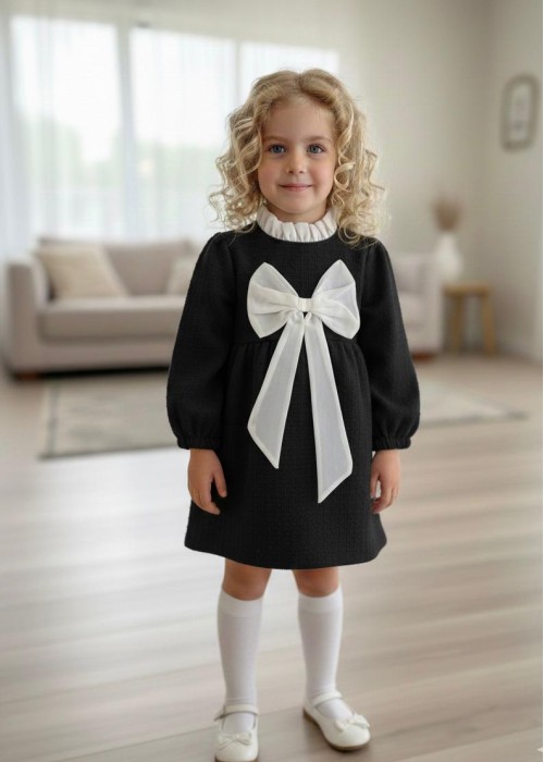 Kız Çocuk Fiyonklu Dokuma Elbise-Siyah