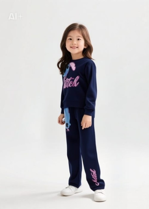 Kız Çocuk Stitch Şardonlu Eşofman Takım-Lacivert