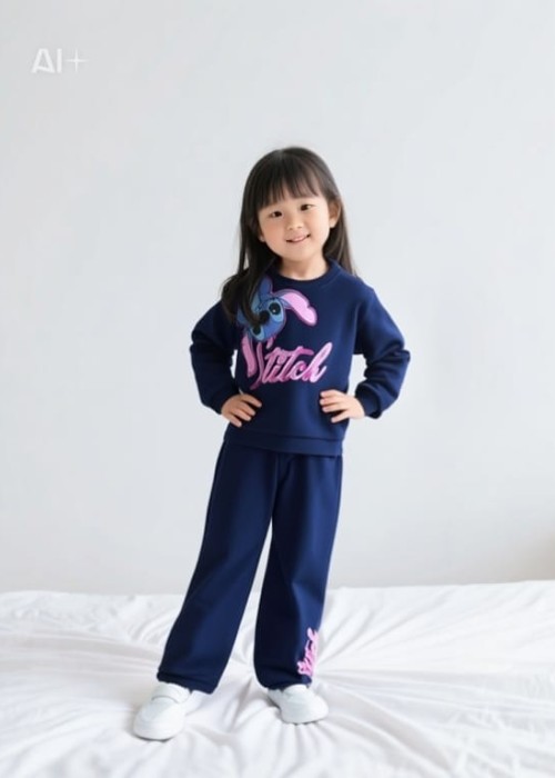 Kız Çocuk Stitch Şardonlu Eşofman Takım-Lacivert