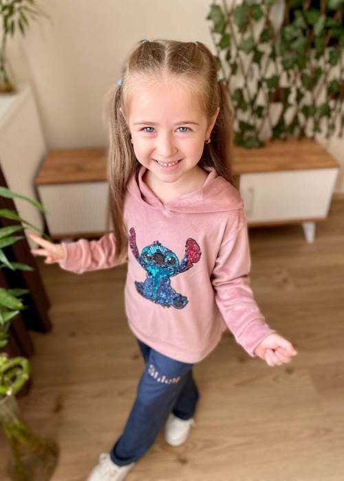 Kız Çocuk Stitch Kadife Pembe Eşofman Takımı