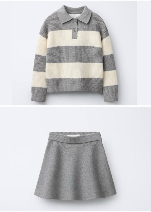 Kız Çocuk Çizgili Etek-Kazak Triko Takım-Gri