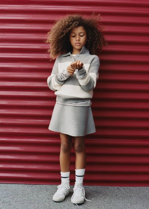 Kız Çocuk Çizgili Etek-Kazak Triko Takım-Gri