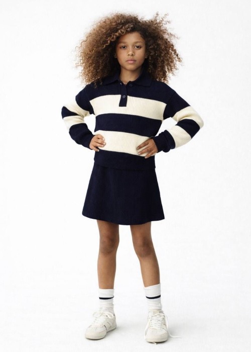 Kız Çocuk Çizgili Etek-Kazak Triko Takım-Lacivert