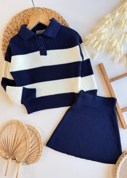 Kız Çocuk Çizgili Etek-Kazak Triko Takım-Lacivert