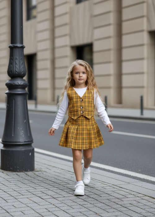 Kız Çocuk Yelek-Bluz- Pileli Etek Ekose Takım- Sarı