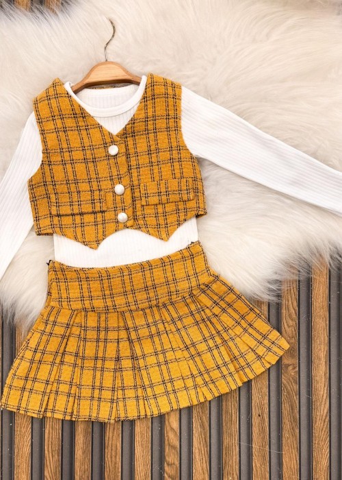 Kız Çocuk Yelek-Bluz- Pileli Etek Ekose Takım- Sarı