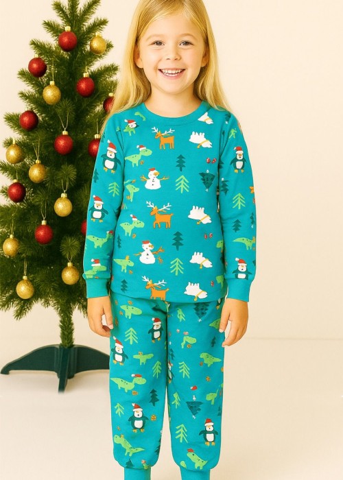 Unisex Yılbaşı Penye Pijama Takım- Yeşil