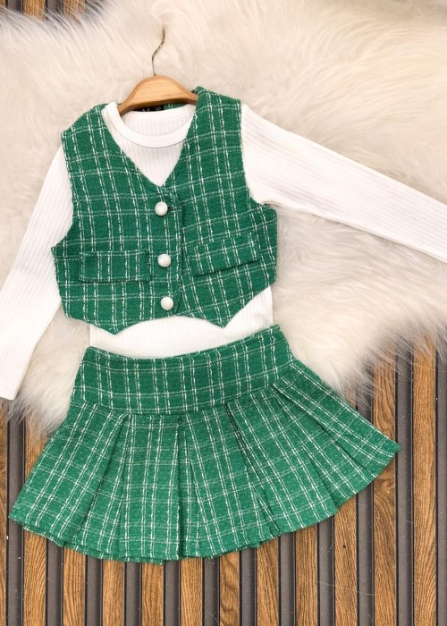 Kız Çocuk Yelek-Bluz- Pileli Etek Ekose Takım- Yeşil