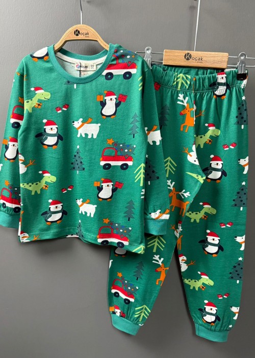 Unisex Yılbaşı Penye Pijama Takımı-Yeşil Unisex Yılbaşı Penye Pijama Takımı-Yeşil
