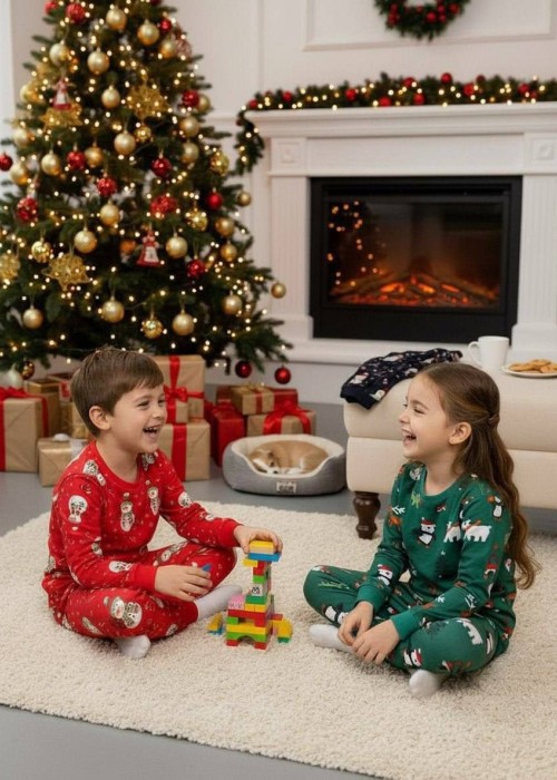 Unisex Yılbaşı Penye Pijama Takımı-Kırmızı 