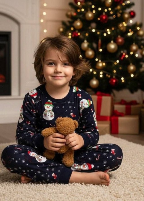 Unisex Yılbaşı Penye Pijama Takımı-Lacivert Unisex Yılbaşı Penye Pijama Takımı-Lacivert